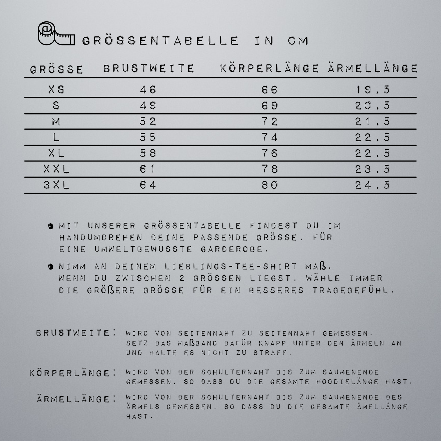 Diese Bild zeigt die Größentabelle.